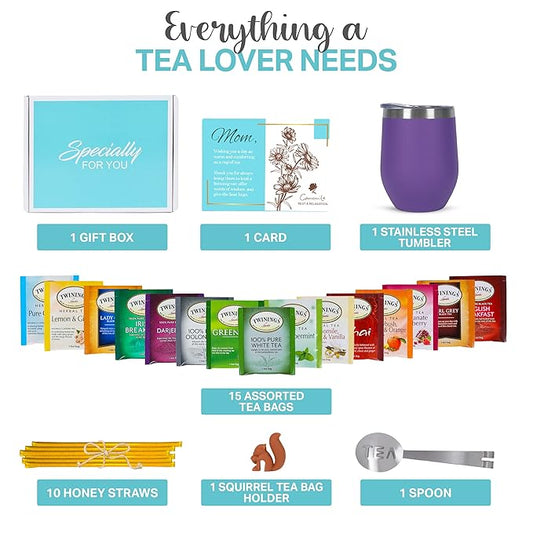 Gift Sets for Tea Lovers Women and Men Tumbler 15 Unique Teas 10 Honey Straws (Mom Card-Purple)