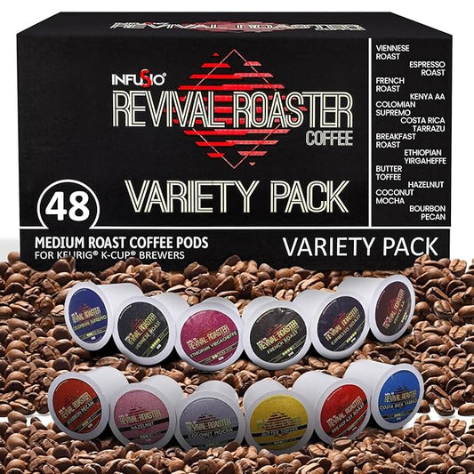 InfuSio Coffee Pods Variety Pack – 48 Count, 12 Crafted Medium & Dark Roast Blends and Artisan-Inspired Flavors Like Bourbon Pecan & Butter Toffee, Revival Roaster Collection, Compatible with Keurig 2.0 Brewers