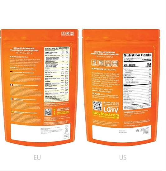 LOOV Organic Non-Fortified Nutritional Yeast Flakes - Vegan, Gluten Free, Non-GMO Unfortified Nooch - Good Source of Natural B-Vitamins - No Added Salt or Sugar - Resealable Bag, 8 Ounces (227 Grams)