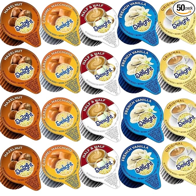 Coffee Creamer Singles Variety Pack β 50 Count | Liquid, Shelf Stable, Non-Dairy | 5 Flavors (Half & Half, Hazelnut, French Vanilla, Caramel, Original) β Individually Sealed Creamers for Home, Office, Coffee Bar & Gifting