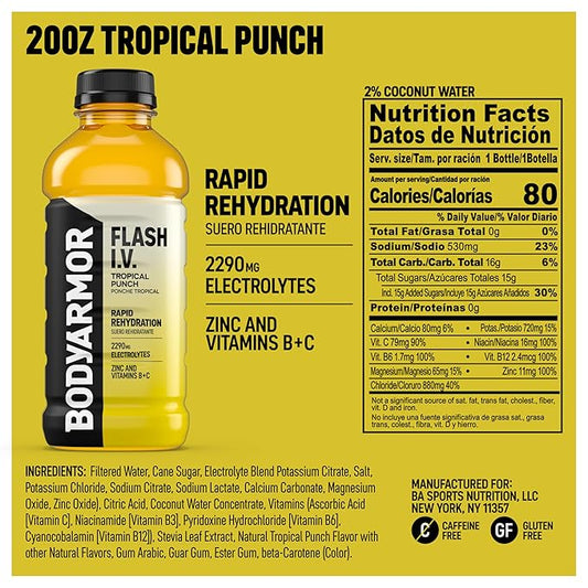 BODYARMOR Flash I.V. Electrolyte Beverage, Tropical Punch, Hydration Drink with Coconut Water For Rapid Rehydration, Post Workout Recovery, 20 Fl Oz (Pack of 12)