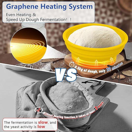 Electric Heating Bread Proofing Basket, Sourdough Starter Warmer - 4 Heat Settings, Foldable 9-Inch Sourdough Starter Kit, Silicone Banneton Basket-Multipurpose for Warming Pet Food, Yellow