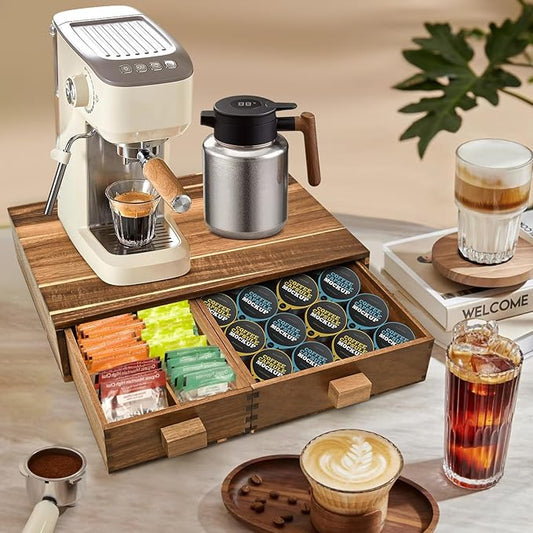Acacia Wood K Cup Holder,Coffee Pods and Tea Bag Storage Organizer,with Two Drawers Kcup Holders for Counter,Multi-Functional Coffee Maker Stand