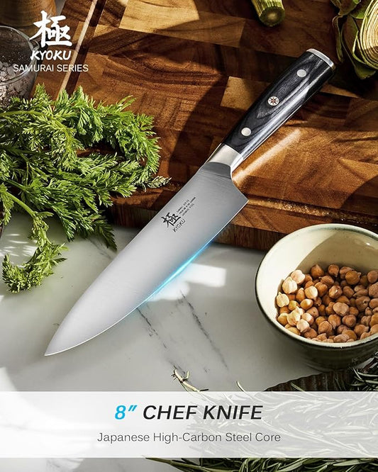 KYOKU 8" Chef Knife, Samurai Series Meat Cutting Knife with Pakkawood Handle & Mosaic Pin, Japanese High Carbon Steel Knife, Full Tang Cutting Chopping Knife for Vegetable Fruit with Sheath and Case