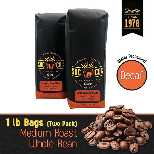 San Diego Coffee DECAF Pumpkin Spice, Medium Roast, Whole Bean Coffee, 16-Ounce Bags (Pack of 2) Café en grano tostado descafeinado