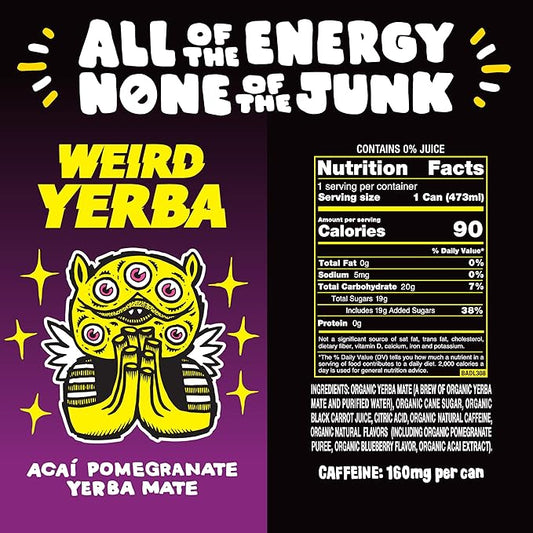Drink Weird Organic Acai Pomegranate Yerba Mate – 16oz Cans, 160mg Organic Caffeine, Pack of 12 – Antioxidant-Rich Energy Drink Alternative