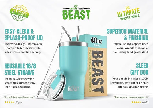 Beast 40 oz Tumbler Stainless Steel Vacuum Insulated Coffee Ice Cup Double Wall Travel Flask (Aquamarine Blue)