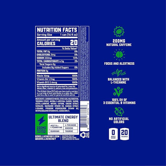 Gorilla Energy Original Energy Drink, Zero Sugar & 200mg Natural Caffeine, L-Theanine, Taurine, Ginseng, Acetyl L-Carnitine, B Vitamins, Sugar Free, and No Artificial Colors, 16 oz Cans, 12 Pack