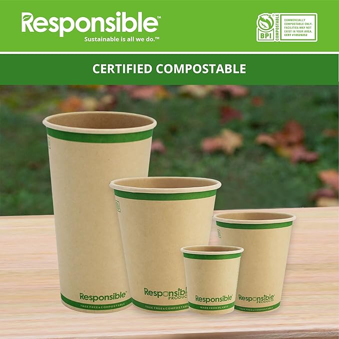 Certified Compostable 10 oz Paper Cups, Cold & Hot Coffee Cups, Disposable Paper Cups, Extra Strength Disposable Cups, Made without PFAS (50 count)