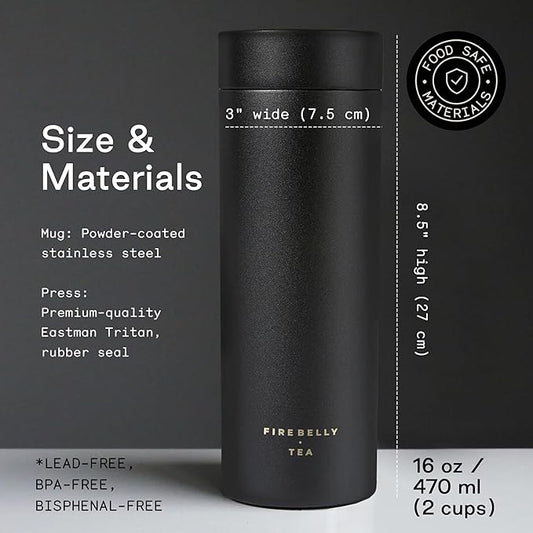 Firebelly Tea, Travel Tea Infuser Mug with Strainer, Insulated Tumbler for Loose Leaf Tea or Coffee, Leakproof Bottle for Hot or Iced Drinks, Stainless Steel Thermos with Lid, Noir