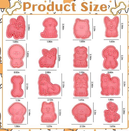 16 Pcs Dog Cookie Cutters with Plunger Stamps Set 3D Puppy Bone Shape Biscuit Cutter Funny Cartoon Cookie Stamps Stamped Embossed Dog Cookie Cutters for Treats DIY Cookie Cake Baking Supplies