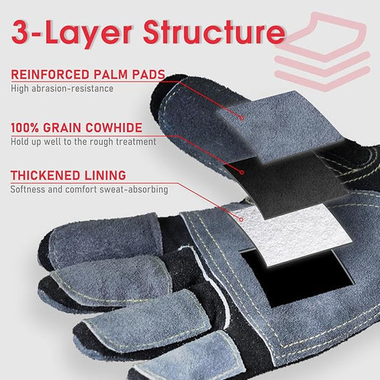 YESWELDER Leather Work Gloves for Men or Women,Suitable for welding & gardening etc. Cowhide leather with cotton lining, wrist closure, grippy and durable.Reinforced palm and finger,Black-gray L