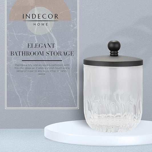 Glass Jar with Metal Lid for Bathroom Organization, Clear Apothecary Jar for Cotton Balls, Q Tips, and Small Accessories, Stylish Bathroom Storage Container Black