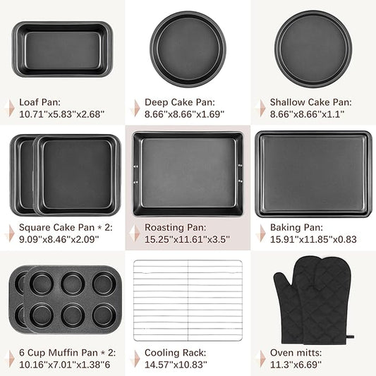 12PCS Nonstick Baking Pans Set - Stackable Bakeware Sets with Wider Grip, Carbon Steel Baking Set Including Cookie Sheets for Baking, Muffin Pan, Loaf Pan, Cake pan, Roasting Pan, Oven Mitts
