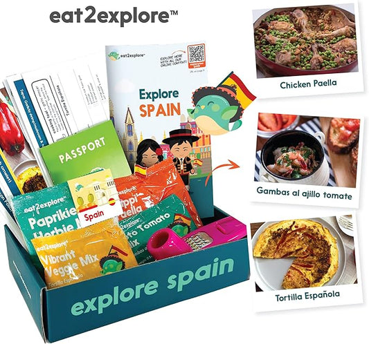 eat2explore Cooking Kits for Kids – Interactive & Educational Kids Cooking Sets Real for Ages 5 and Up,3 Recipe Cards & Global Ingredients – Fun Gift for Young Chefs (Spain Edition)