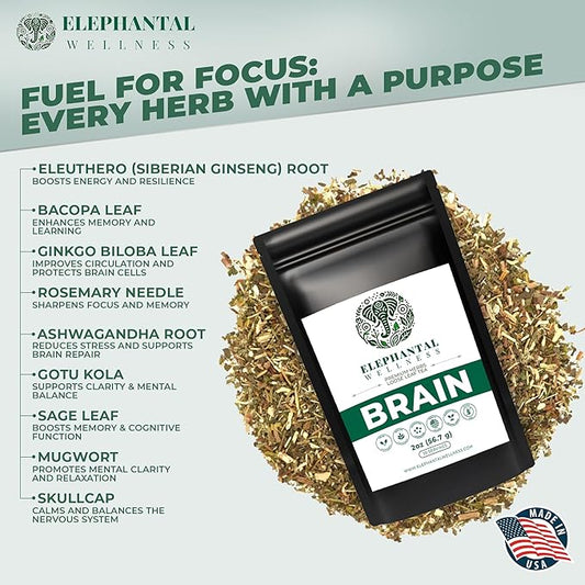 Elephantal Wellness Premium Brain Herbal Tea | Nootropic Focus & Mental Clarity with Ginkgo, Bacopa, Gotu Kola & Rosemary | Non-GMO, Caffeine-Free Coffee Alternative, Handmade Loose Leaf Blend, 2oz Loose Leaf, 20 Servings