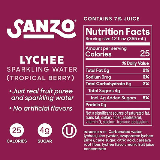 Sanzo Flavored Sparkling Water - Tropical Berry Seltzer (Lychee) - Low Calorie Low Sugar Soda - Craft Asian Drinks - Vegan Gluten Free Carbonated Flavored Water - Fizzy Healthy Drinks - 12oz, 12 Pack