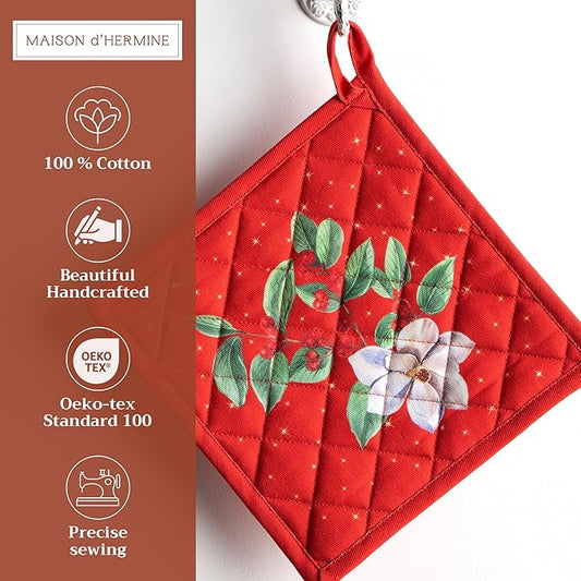 Maison d' Hermine Pot Holders Set 100% Cotton Heat Resistant Potholders 8" x 8" Hot Pads with Loop BBQ, Cooking, Baking, Grilling, Kitchen, Handling Hot Pans (Pack of 2, Noel)
