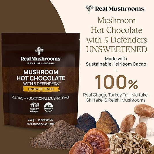 Real Mushrooms Unsweetened Hot Chocolate Mix with 5 Defenders – Reishi, Chaga, Turkey Tail, Maitake, Shiitake – Coco Powdered Unsweetened – Organic Cacao Powder Supplement, Vegan, 15 Servings