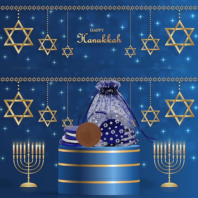The Dreidel Company Blue & Silver Hanukkah Milk Chocolate Coins, Hanukkah Design Gelt, Gluten Free, Non GMO, Kosher Certified OU-D (100-Pack)