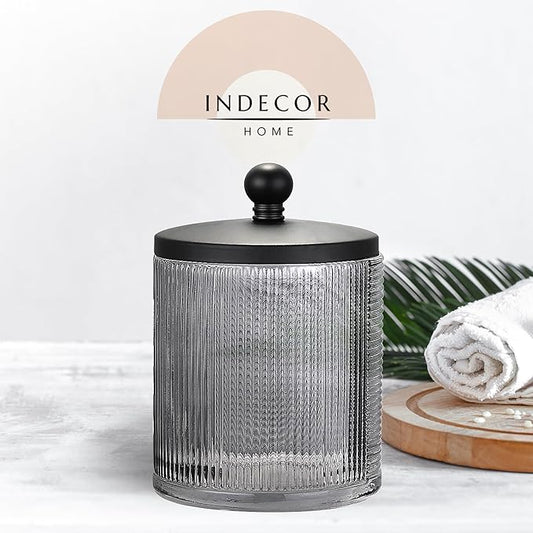 Glass Jar with Metal Lid for Bathroom Organization, Clear Apothecary Jar for Cotton Balls, Q Tips, and Small Accessories, Stylish Bathroom Storage Container Grey, Black