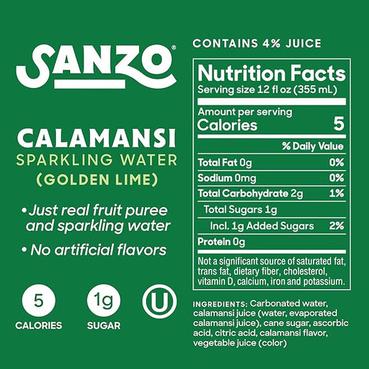 Sanzo Flavored Sparkling Water - Golden Lime Seltzer (Calamansi) - Low Calorie Low Sugar Soda - Craft Asian Drinks - Vegan Gluten Free Carbonated Flavored Water - Fizzy Healthy Drinks - 12oz, 12 Pack