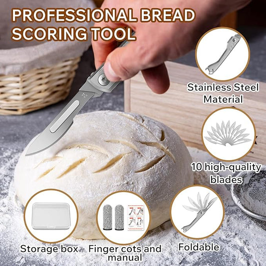 Bread Lame Dough Scoring Tool – Multi-Purpose Scoring Knife, Folding Bread Scorer Tool for Sourdough & Bread Baking with 10 Bread Razor Blades (Grey)
