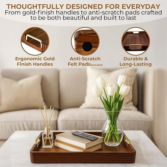 Acacia Wood Serving Tray with Metal Handles – 17x12in Rustic Decorative Ottoman & Coffee Table Tray for Breakfast in Bed, Dinner, Bar, Kitchen, Home Décor & Entertaining