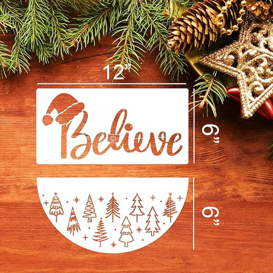 Christmas Stencils 12” Xmas Stencil for Wood Christmas Stencil for Painting Holiday Stencils Merry Christmas Believe Drawing Templates Half Round Stencil for Door Hanger Porch Wreath Home Decor