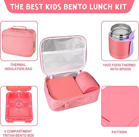 Bento Lunch Box Set With 10oz Soup Thermo, Leak-proof Lunch Containers with 4 Compartment, Kids Hot Thermo Food Jar/Insulation Lunch Bag, Food Containers for School(Solid)