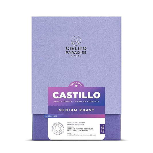 Cielito Paradise Castillo Coffee - Medium Roast Whole Bean from Huila Colombia, Silky with Milk Chocolate, Panela, Cinnamon & Orange, 12oz