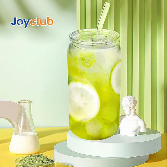 Joyclub 8pcs Glass Cups with Acrylic Lids and Straws 16 oz Can Shaped Glass Iced Coffee Cups with Lids and Straws, Cute Tumbler Cup Drinking Glasses for Smoothie Whiskey Boba Soda Tea Gift