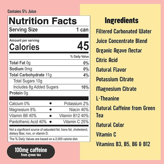 Betweener Sparkling Energy Seltzer, Sparkling Water w/Real Juice & 100mg Caffeine, Light & Refreshing, L-Theanine for Focus, Vitamins B+C - Low Sugar - 45 Cals - Variety Pack (12 Pack)