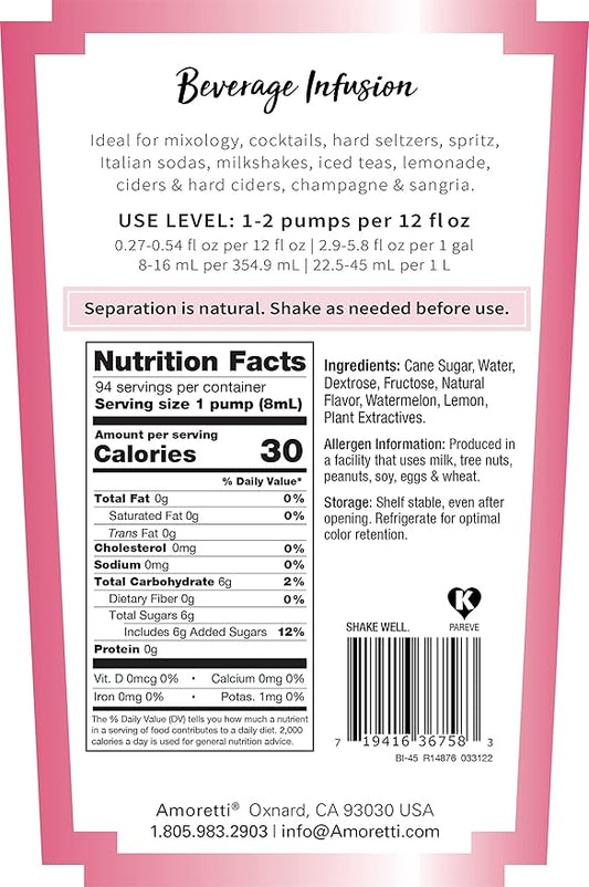 Amoretti - Watermelon Lemonade Beverage Infusion Drink Mix & Water Enhancer with Pump for Flavoring Cocktails, Waters, Tea, and other Beverages, 94 Servings Per Bottle (750 ml), Preservative Free