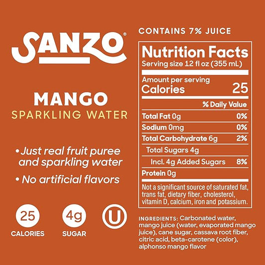 Sanzo Flavored Sparkling Water - Mango Soda Seltzer - Low Calorie Low Sugar Soda - Craft Asian Drinks - Vegan Gluten Free Carbonated Flavored Water - Fizzy Bubbly Healthy Drinks - 12oz, 12 Pack