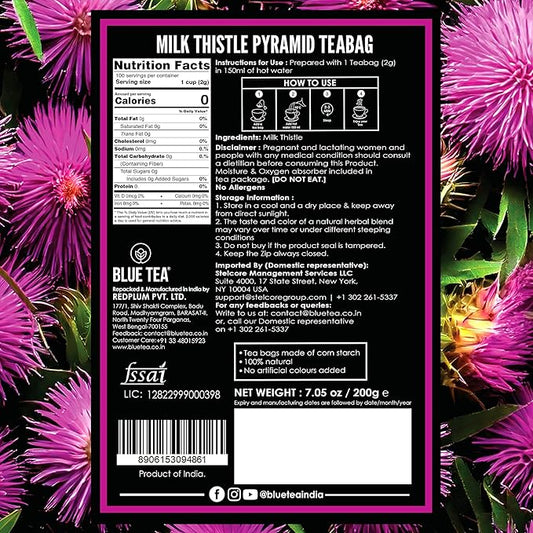 BLUE TEA - Milk Thistle Tea - 100 Count - Pyramid Plant Based Tea Bag | Liver Cleaning and Immune Support | Milk Thistle Seeds - Caffeine Free - Herbal Tea - Non Bitter | Zipper Pack