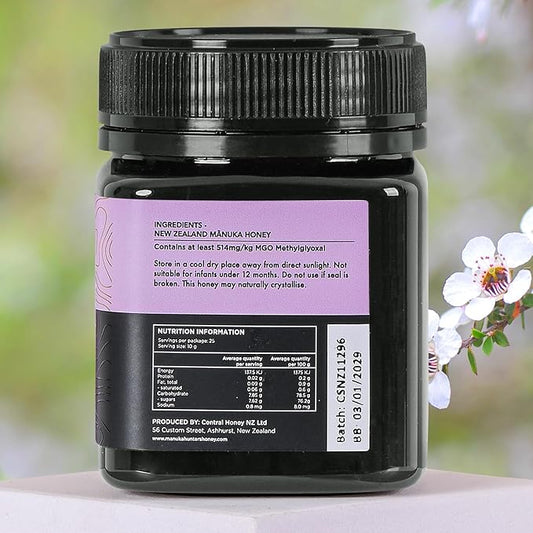 Manuka Hunters UMF 15+/MGO 514+ Certified New Zealand Manuka Honey - 100% Pure Natural Sweetener - Gluten, Dairy Free - Ideal for Tea, Coffee, Smoothies, and Baking - Sustainable - 8.8oz/250g Jar