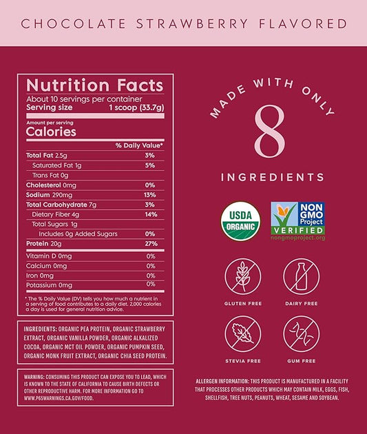 Truvani Vegan Pea Protein Powder | Chocolate Strawberry | 20g Organic Plant Based Protein | 10 Servings | Keto | Gluten & Dairy Free | Low Carb | No Added Sugar