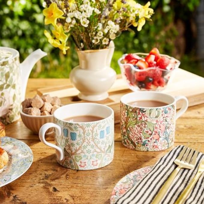 Spode Morris & Co Porcelain Mugs, Set of 2-12oz Microwave and Dishwasher Safe Tea & Coffee Cups for Kitchen Countertop or Home Brew Coffee Station, Great Gift for Mothers (Blackthorn & Golden Lily)