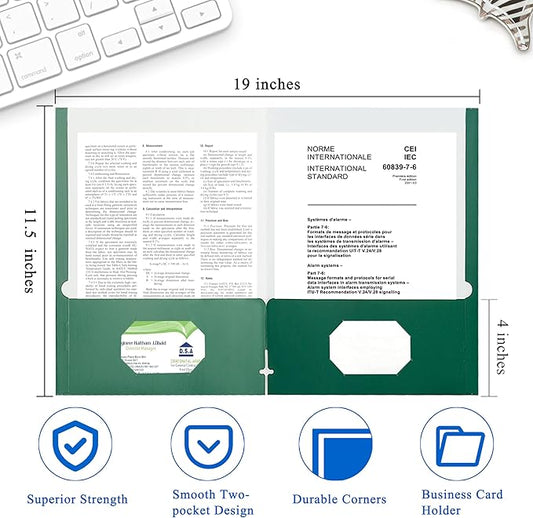 Zzrywuty File Folders with Pockets Letter Size, 50-Pack Paper Folders with Card Slot, Two Pocket Folders for School Students, Businessmen, Home and Office Workers(Dark Green)