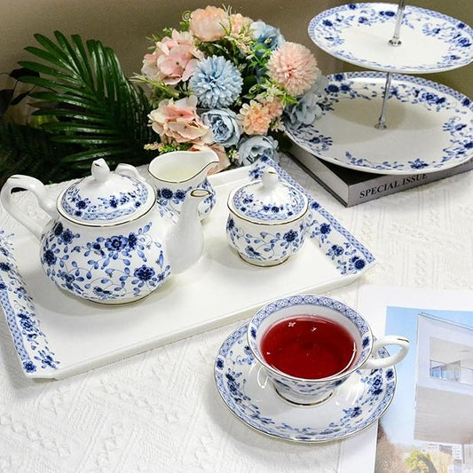 Bone China Tea Set for Adults, 13-Piece Porcelain Tea Sets,Blue and White Bone China Tea Cup Set for 4,Vintage Tea Sets for Women Tea Party or Christmas Gifts