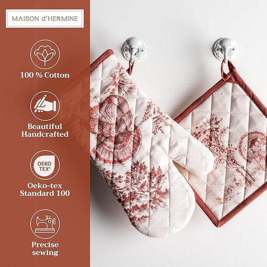 Maison d' Hermine 100% Cotton Oven Mitt & Pot Holder Set (7.5"x13" & 8"x8") Heat Resistant BBQ Cooking Gloves with Loop, Baking, Grilling, Kitchen, Handling Hot Pans (Holy Jouy - Brown)