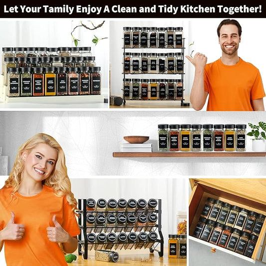 36Pcs Spice Jars Containers with Labels,4oz Black Seasoning Bottles with Shaker Lids for Rack, Cabinet, Drawer,Empty Square Condiment Pots (36, Black)