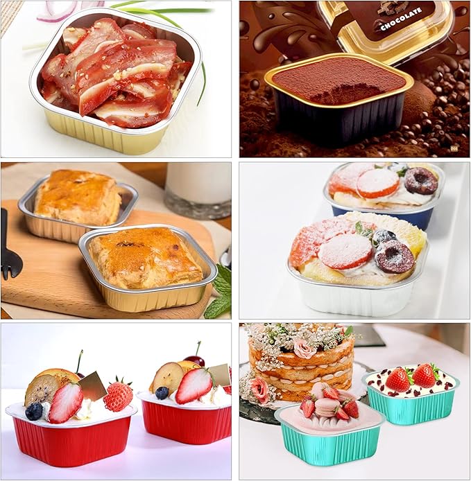 10oz/80pack Mini Cake Foil Pans with Lids,LNYZQUS 4”x4” Large Cupcake Pan Disposable Ramekins,Small Brownie Baking Cups Square Muffin Tin Cheesecake Containers Holders-Pink
