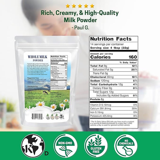 Z Natural Foods Premium Whole Milk Powder - Powdered Milk for Baking, Cooking, Drinks - Dry Milk Powder, Pasteurized, Non-GMO, Gluten-Free, Kosher-Certified, 1 lb