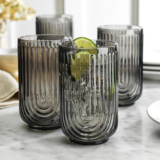 Vintage Glassware Art Deco Highball Glasses Set of 4 Smoke Ribbed Drinking Glasses 17 Oz Black U-Shape Arch Design Colored Cocktail Kitchen Tumblers