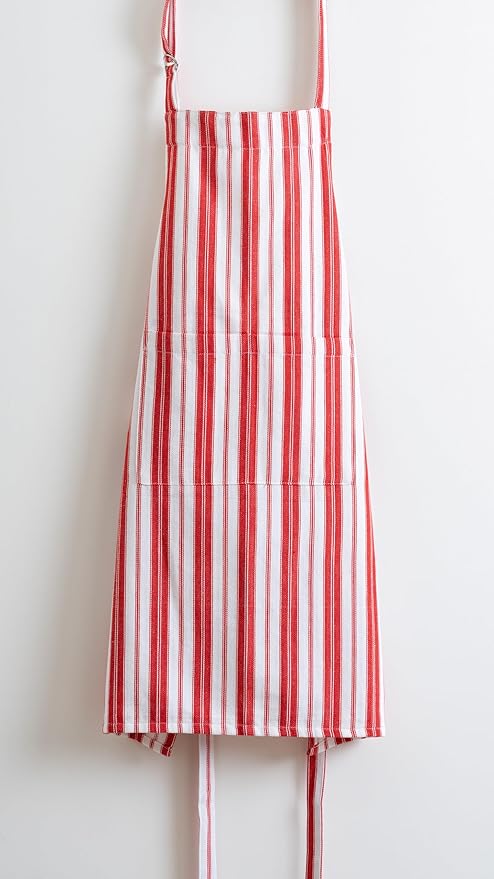 1 Oven Mitt, 1 PotHolder & 1 Kitchen Apron Set - Durable Heat Resistant Gloves - Thick Mittens for Kitchen - Suitable for Cooking, Baking, Grilling – Men & Women – Bright Red Stripes - Casa De Lan