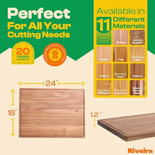 Riveira Acacia Wood Cutting Board – Gourmet Acacia Grandeur: 24 x 18 Wooden Cutting Board – Natural Wooden Cutting Boards For Kitchen Decorative – Innovative Juice Grooves Acacia Wooden Chopping Board