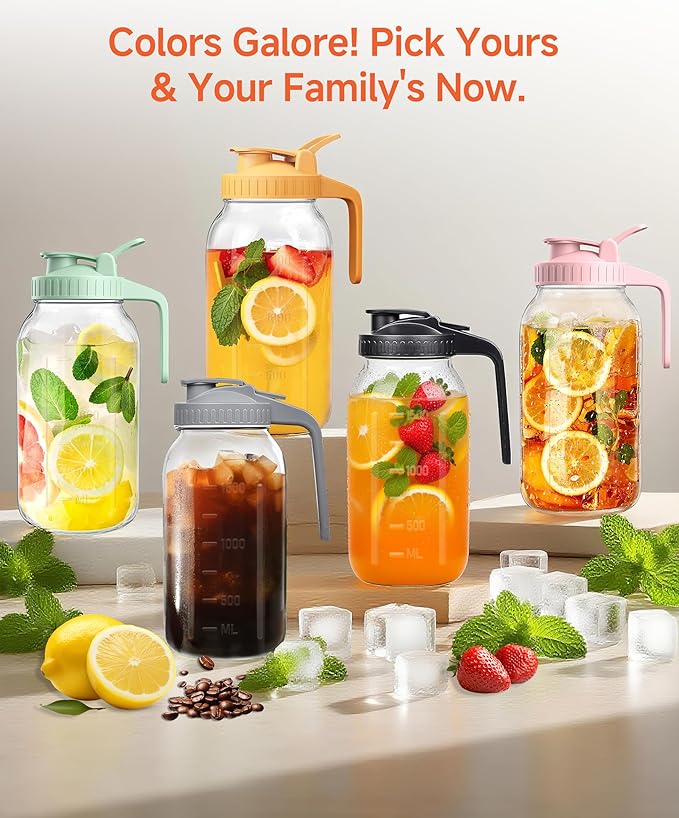 64oz Large Mason Jar Pitcher with Lid, 2 Quart Glass Tea Pitchers for Fridge, Leak-proof Coffee Dispenser,Heavy Duty Water Container for Sun Tea,Cold Brew Juice,Breastmilk Storage(Black+Gray+Pink)