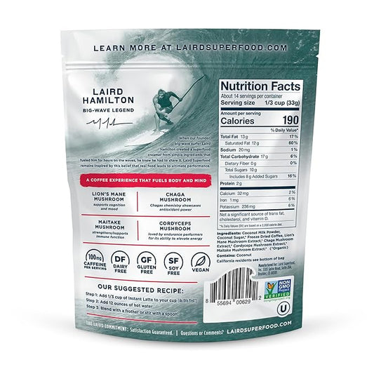 Laird Superfood Instant Latte Sweet & Creamy, Non-Dairy, Superfood Creamer, Gluten Free, Non-GMO, Vegan, 16 oz. Bag, Pack of 1